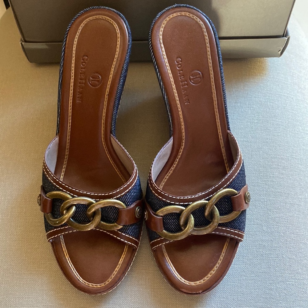 Cole Haan Kina Wedges in denim and brown leather with brass accents. Size 7B